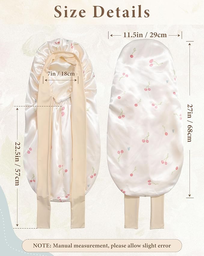 AWAYTR Long Satin Bonnet for Sleeping, Reversible Double Layer Hair Bonnet with Elastic Tie Band (Cherry Print+Beige)
