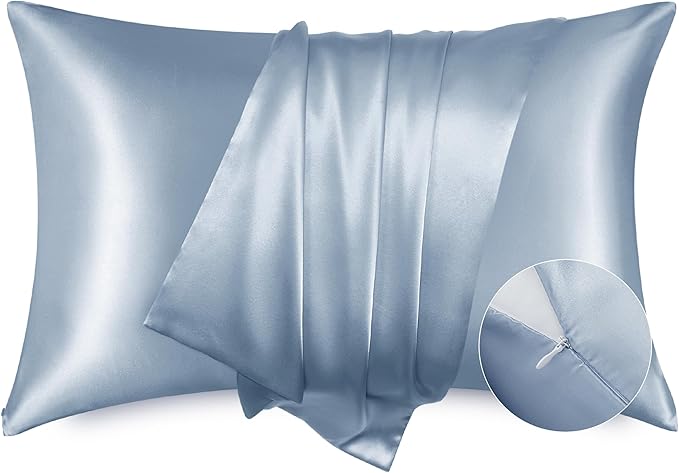 Bedsure Satin Pillowcase with Zipper, Similar to Silk Pillow Cases 2 Pack, Silky & Soft Satin Pillow Cases Standard Size for Hair and Skin, Stone Blue Pillow Covers, Gifts for Women Men, 20x26 Inches