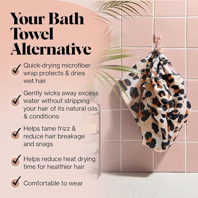 Kitsch Microfiber Hair Towel Wrap for Women - Microfiber Towel, Super Absorbent, Quick Dry, Anti-Frizz - for Long and Short Hairs, Turbans for Women, Hair Wrap - Leopard