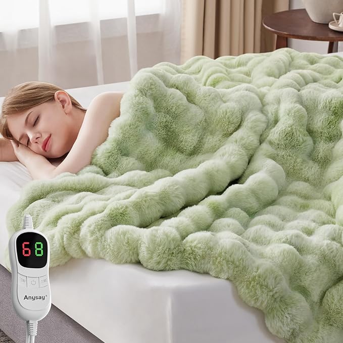 Heated Blanket Throw with 1/2/4/6/8 Hours Auto-Off 10 Heat Level, 62'' * 84'' Cozy Faux Rabbit Fur Bubble Electric Blanket with Overheat Protection(Tie-Dye Green)