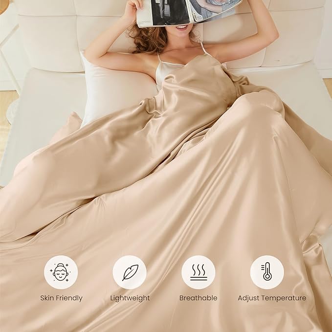 THXSILK 100% Pure Mulberry Silk Duvet Cover Set 3 Piece, 6A+ Grade Luxury Soft Bedding Silk Sheets for Hair and Skin, 1 Pcs Duvet/Quilt/Comforter Cover with 2 Zippered Pillowcases (Champagne, Full)