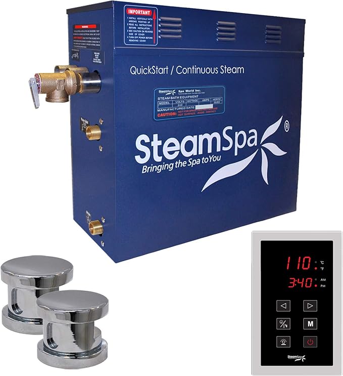 STEAMSPA 12kW Steam Sauna Generator Sentry Series 240V Steam Generator with Touch Screen, Steamhead, Built-in Steam Shower Auto Drain, ACU Quickstart Steam Bath Generator (Chrome)