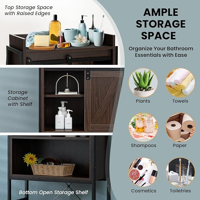 Giantex Over The Toilet Storage Cabinet - Freestanding Bathroom Organizer Rack with Adjustable Shelf, Sliding Barn Door, Paper Holder, Bathroom Space Saver, Above Toilet Storage Cabinet (Espresso)