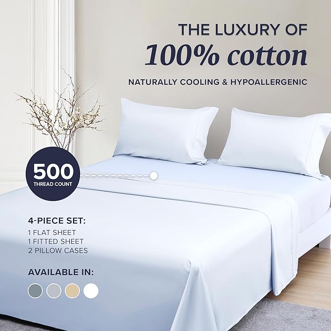 Beckham Hotel Collection Full Sheet Set 100% Cotton, 500TC Luxury Sateen Bedding, 16” Deep Pocket, Moisture-Wicking, 4-Piece, White