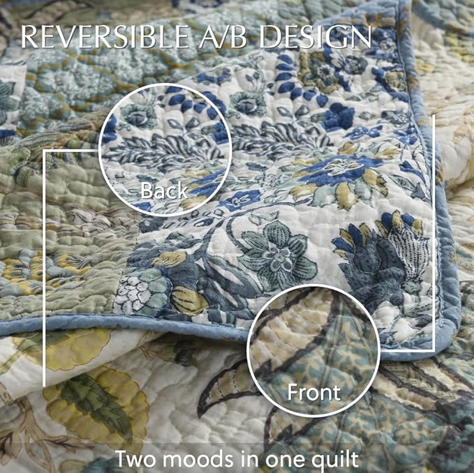Cotton Bedspread Quilt Bedding Sets 3 Pieces Reversible Coverlet Sets Comforters Rustic Paisley Floral Patchwork Sage Green Bedspread, Queen Size