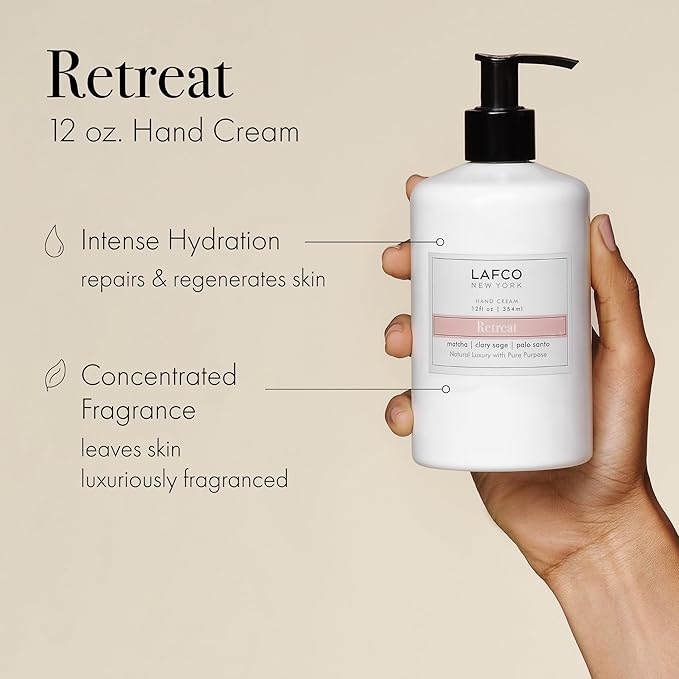 LAFCO New York Hand Cream, Retreat - 12 oz - Restores & Repairs Skin - All Skin Types - Hypoallergenic, Synthetic Free & Cruelty Free - Made in Italy