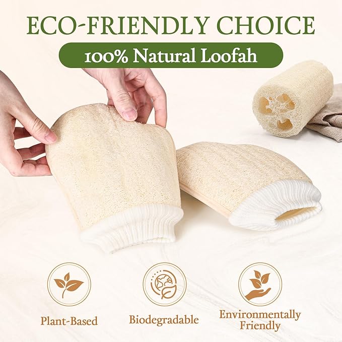Natural Loofah Exfoliating Mitts, 100% Plant-Based Loofah Sponge for Women and Men,Dye-Free,for face and Body-2 Count