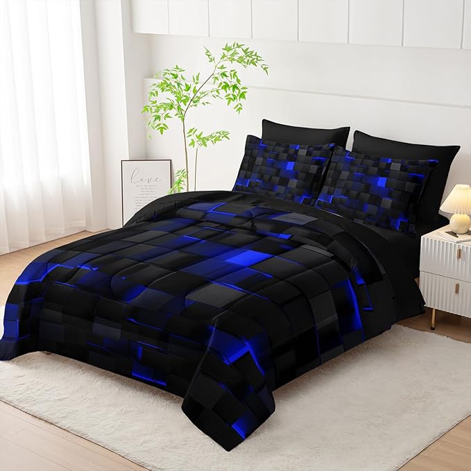 Twin Size Comforter Set 7 Piece - Black and Blue Modern Bedding, 3D Cube Design, Soft Microfiber, Gamer Bed Set, All Season