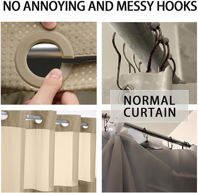 YellyHommy No Hook Shower Curtain with Snap in Liner Set Less Time Beige Waffle Shower Curtain for Bathroom 75" L x 72" W