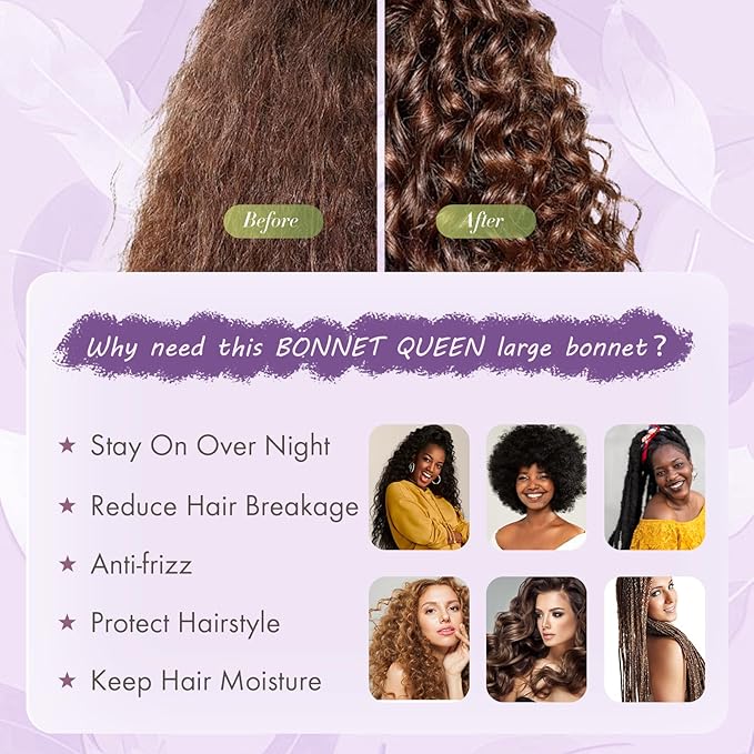BONNET QUEEN Silk Bonnet for Sleeping Women Big Satin Bonnet Night Sleep Cap Wrap for Curly Hair with Adjustable Tie Band,Large, Purple