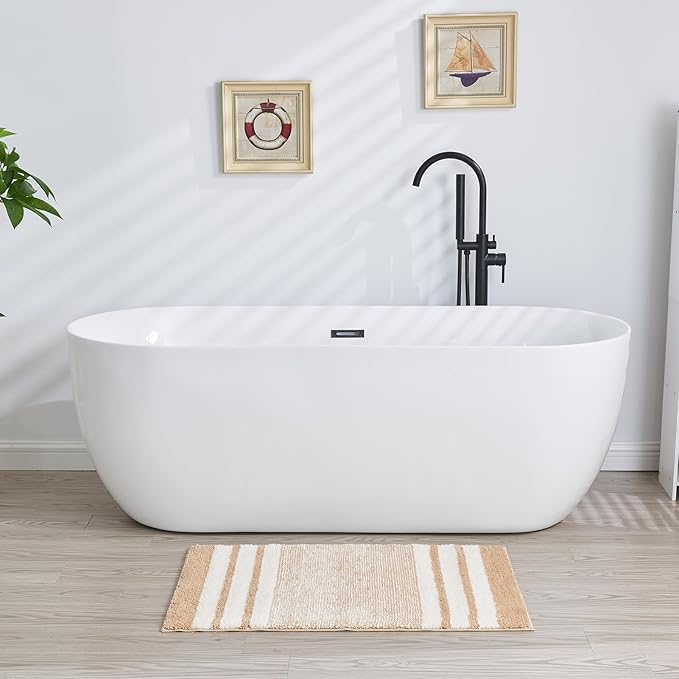 CozeCube Bath mats for Bathroom Non Slip, Fluffy Absorbent Microfiber Bath mat Washable, Aesthetic Bathroom Rugs, Small Beige Striped Bath mat, Beige, 24" x 16"