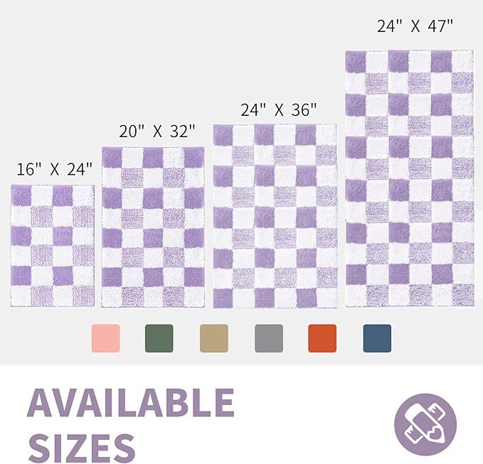 CozeCube Bath mats for Bathroom Non Slip, Fluffy Absorbent Microfiber Bath mat Washable, Aesthetic Bathroom Rugs, Small Purple Checkered Bath mat, Lavender, 24" x 16"