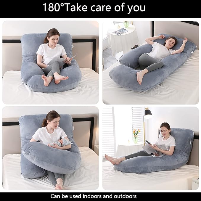 Pregnancy Pillow J-Shaped Full Body Pillow, 59 inch with Velvet Cover Easy to Remove and Wash, Support Pregnant Women's Backs Legs and HIPS, Improve Sleep,Pregnancy Pillow for Women ，Gray