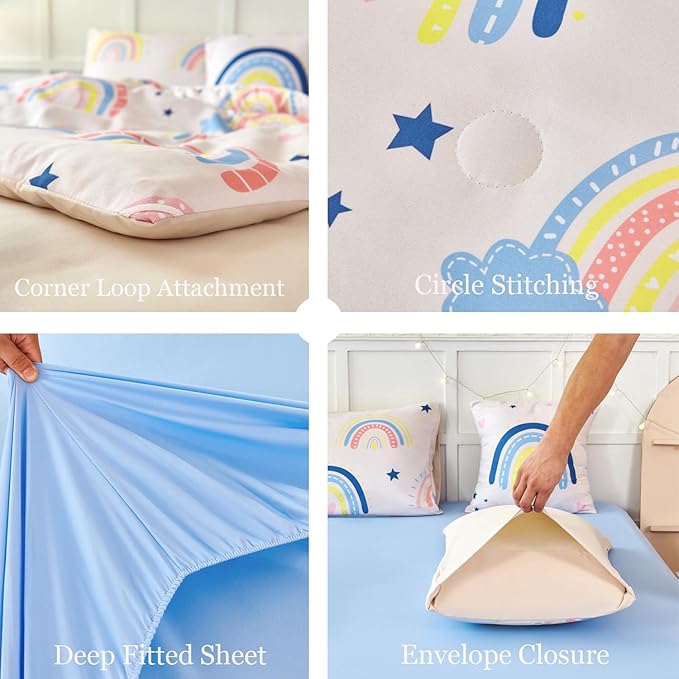 ANGIYUIN 6Pcs Beige Rainbow Queen Comforter Set Cartoon Rainbow Love Hearts and Stars Girl Bedding Set for Kids Girls Cute Soft Kid Bed in A Bag with Rainbow Comforter, Sheets, Pillowcases