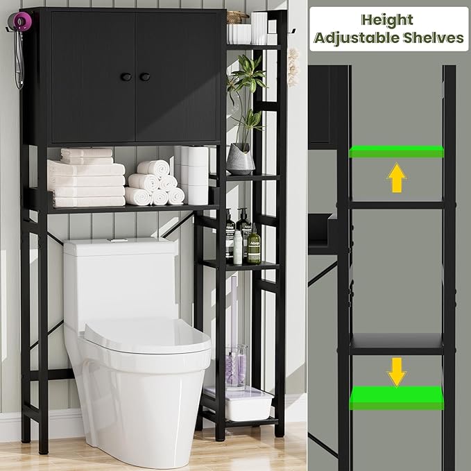 Over The Toilet Storage Cabinet with Doors - 7 Tier Bathroom Organizer with Adjustable Shelf, Freestanding Space Saver Rack Above Toilet Stand with 4 Hooks for Bathroom, Restroom, Laundry, Black