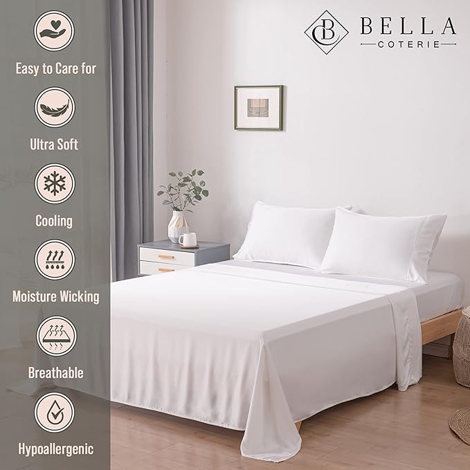 Bella Coterie Luxury Bamboo Viscose Twin XL Size Sheet Set | 100% Organically Grown | Ultra Soft | Cooling for Hot Sleepers | 18" Deep Pocket [White]