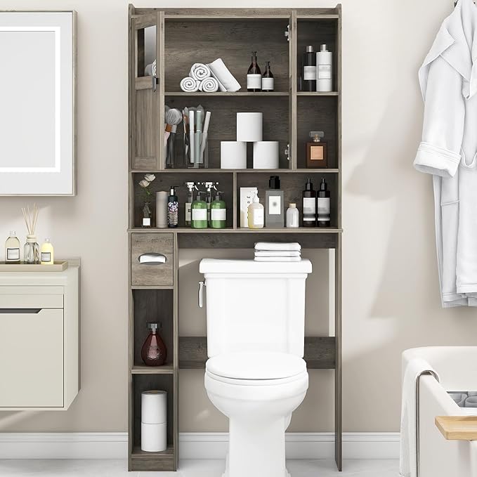 Vabches Over The Toilet Storage Cabinet, Bathroom Shelf Over Toilet with Glass Doors and Adjustable Shelves, Grey Freestanding Home Space Save Toilet Rack, for Restroom, Bathroom, Laundry