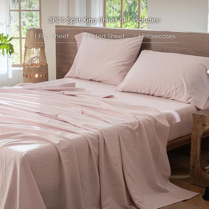 MooMee Bedding Sheet Set 100% Washed Cotton Linen Like Textured Breathable Durable Soft Comfy (Heathered Greyish Pink, Twin)