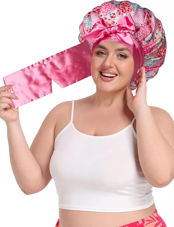 Pleated Silk Sleeping Bonnet with Eye Mask Double Layer Satin Hair Bonnets Sleep Cap for Curly Natural Hair