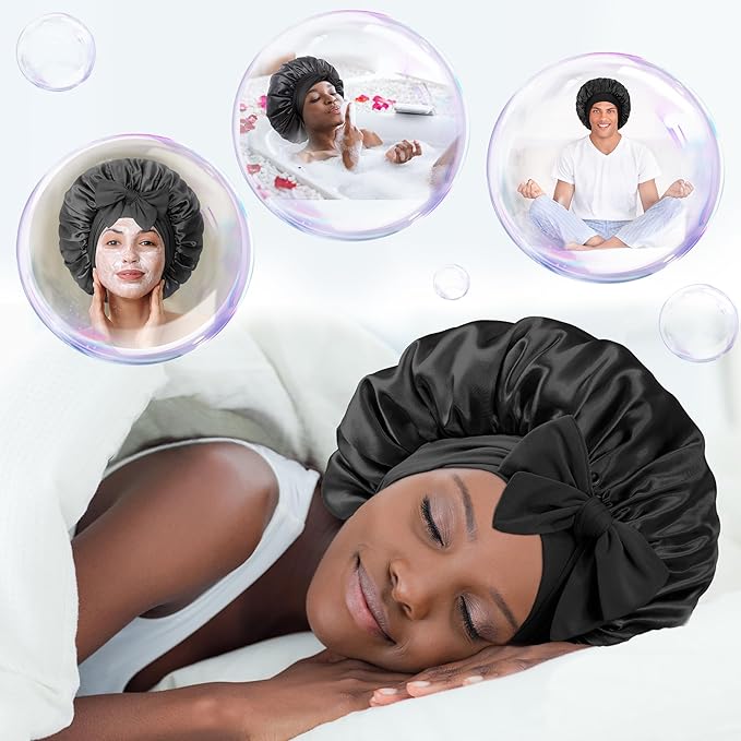 Double Layered Silk Satin Bonnet with Tie for Sleeping Black Women, Wide Band Large Hair Wrap Sleep Cap for Curly Hair Braid