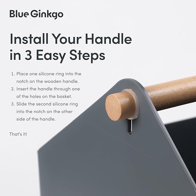 BLUE GINKGO Large Storage Basket – Plastic Caddy with Wooden Handle for Bathroom, Pantry, or Cleaning Supplies (Gray)