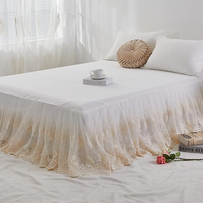 Brandream Luxury Cream White Lace Bed Skirt King Size 18 Inch Drop Split Corners Romantic Bed Cover Romantic Dust Ruffle Bed Skirts