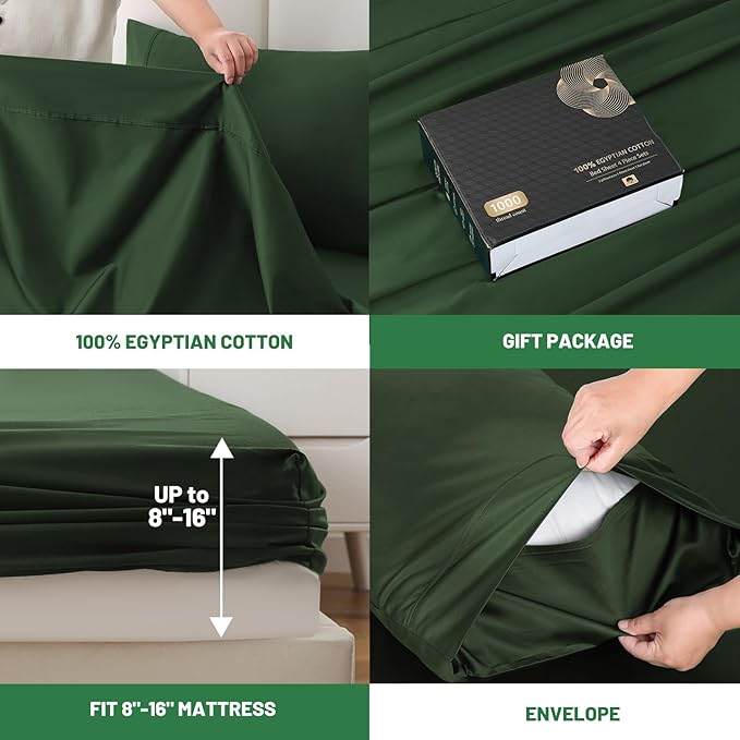 100% Egyptian Cotton Sheets King Size 1000 Thread Count Sateen Weave Soft Breathable 16-Inch Deep Pocket 4PCS（King,Forest Green）