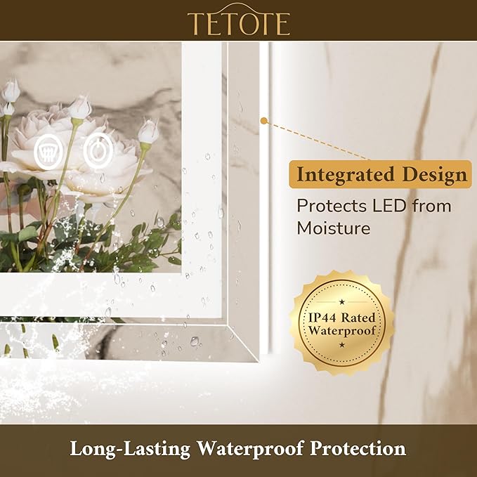 TETOTE 48 x 24 Inch Led Lighted Bathroom Mirror with Lights, Beveled Front and Backlit Extra-Bright Light up Mirror for Bathroom Wall, 3-Color Dimmable, Defogging, Tempered Glass, Waterproof