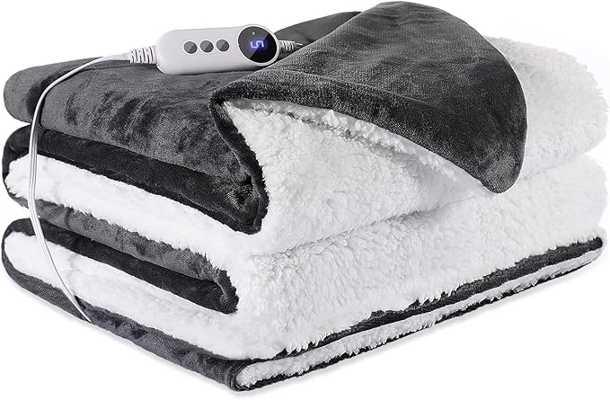 Electric Heated Blanket Throw 50"x60" - Soft Cozy Flannel & Sherpa Fabric Dual-Sided, 9 Heat Settings & 2-10 Hours Auto Off, Warming Heated Throw for Home Office, Machine Washable, Dark Gray