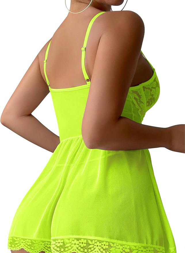 Lilosy Sexy Garter Belt Mesh Lace Babydoll Lingerie Dress Set with Thong