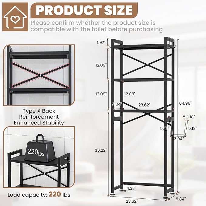 ZZL Over The Toilet Storage,3-Tier,Bathroom Toilet Organizer,Multifunctional Space Saver Freestanding Bathroom Shelves with 4 Hooks,Black