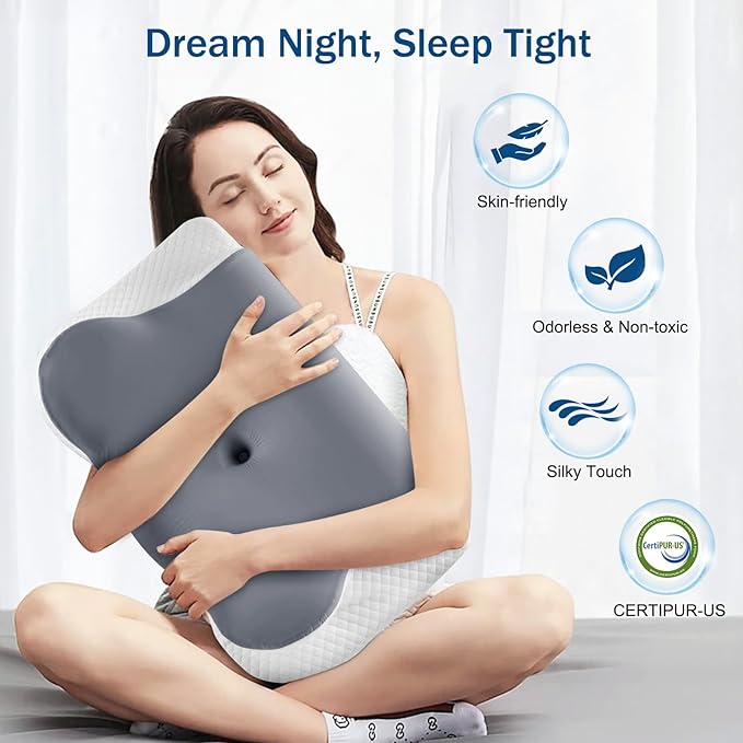 Cervical Neck Pillow for Sleeping, Ergonomic Side Sleeper Pillow for Neck Support, Memory Foam Pillows for Back Stomach Sleepers, Orthopedic Contour Pillows with Cooling Pillowcase (Dark Grey)