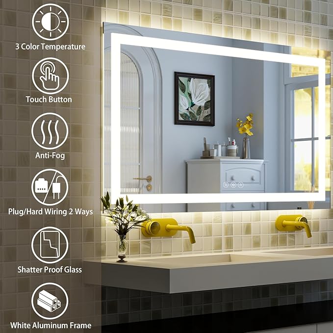 55'' x 30'' LED Bathroom Mirror with Lights, Wall Mirror with Front and Backlight, 3 Colors Vanity Mirror with Lights, Anti-Fog Wall Mirror for Bathroom