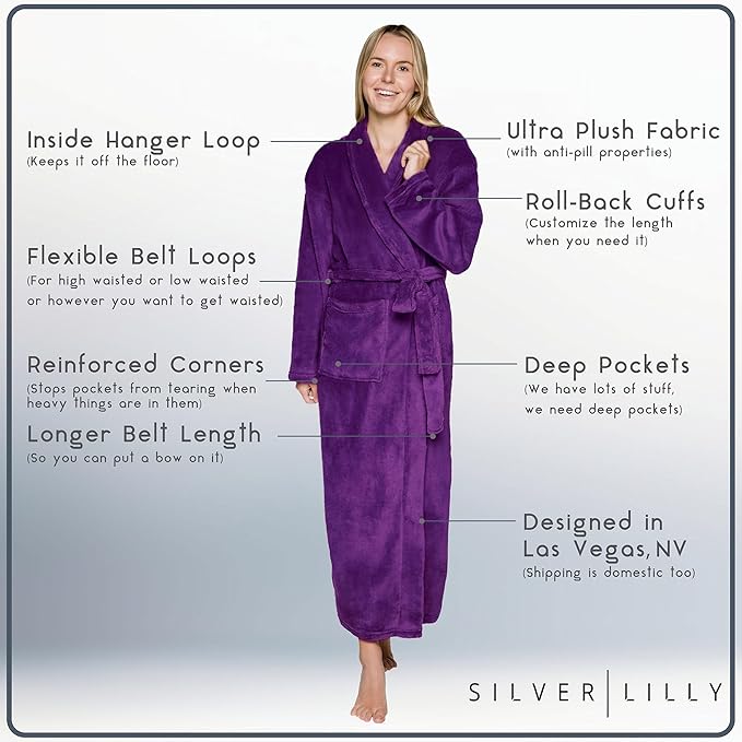 Womens Plush Fleece Bath Robe, Fluffy Long Bathrobe, Great Gift for Mother's Day, Grandma, Daughter, Sister, Wife, Friend