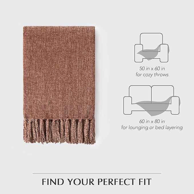 EVERGRACE Soft Chenille Throw Blanket for Couch, Cozy Plush Fuzzy Decorative Chenille Knit Throw Blanket with Tassels, Lightweight Blanket and Throws for Bed Sofa Gift Home Decor, Clay 60"x80"