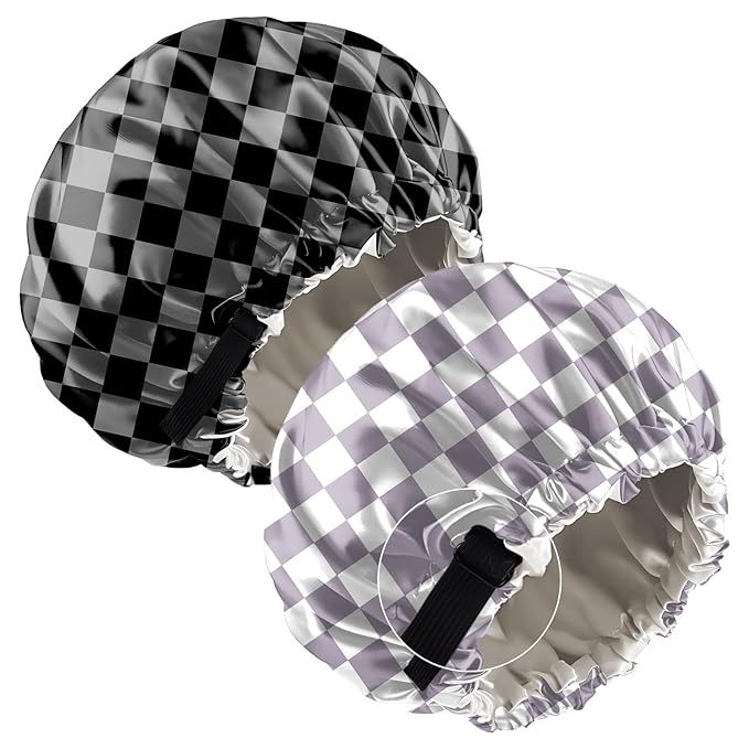 2 PCS Bonnets for Women Girls Satin Hair Bonnet Silk Adjustable Elastic Double Layer Hair Wrap Sleep Cap Comfort Cute-Purple Black Checkered