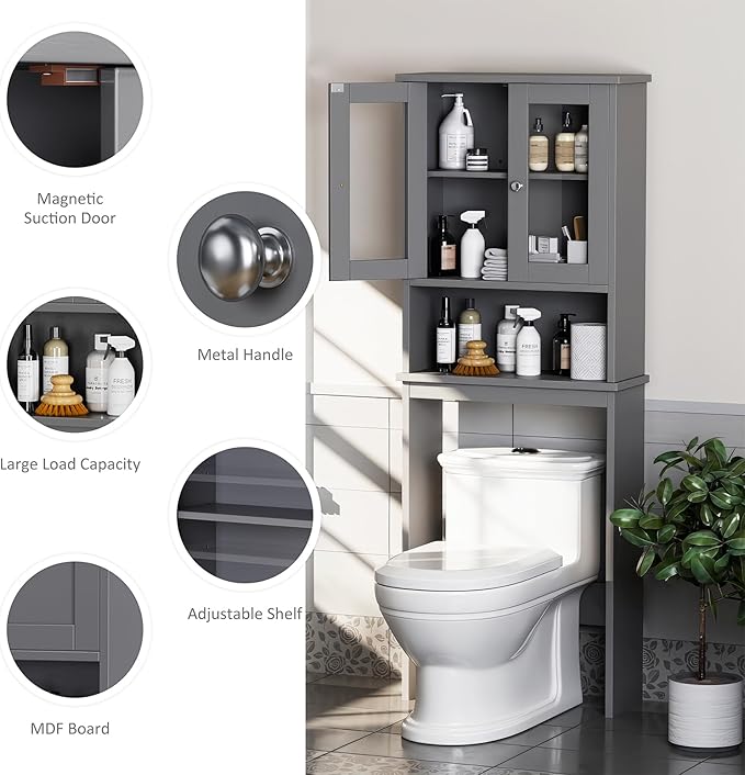 Meilocar Over The Toilet Storage Cabinet, Bathroom Storage Organizer Over Toilet with Glass Doors, Over Toilet Cabinet for Bathroom Freestanding Space Saver, Grey