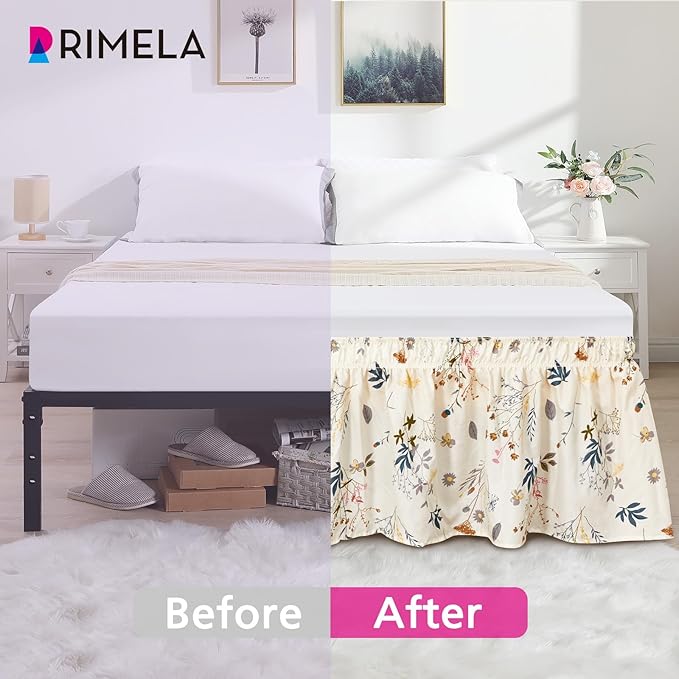 RIMELA Balloon Flower Floral Bed Skirt Queen Size 15 Inch Drop, Elastic Bed Skirting for Bed Frame, Bedding Dust Ruffle Easy to Install, Lightweight Wrap Around Adjustable Bedskirt