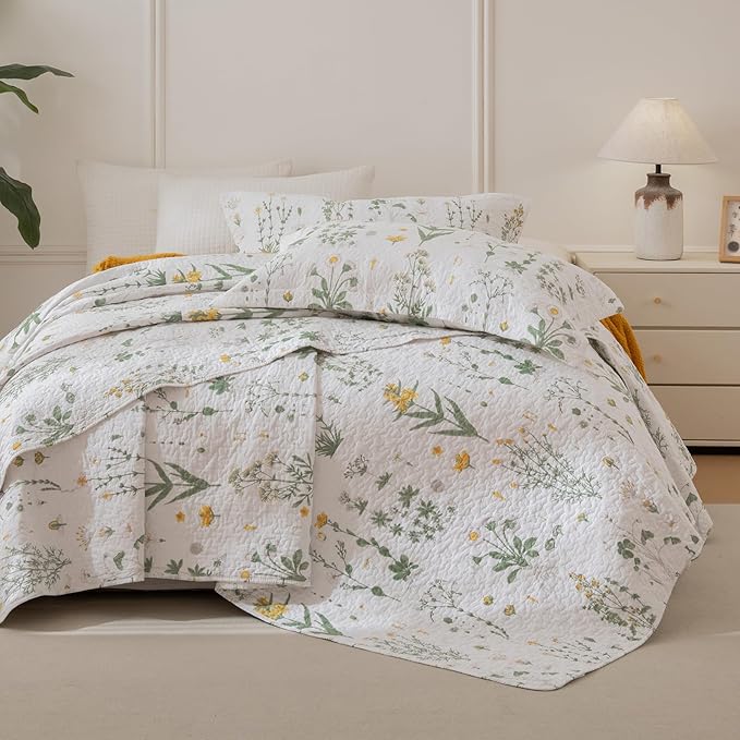 Lady Ann Cotton Quilt Sets Queen - Yellow Floral & Green Leaves Pattern Botanical Printed Quilted Coverlet, 3 Pcs Lightweight Soft Cottagecore Queen Bedspread Set Shabby and Chic Bedding