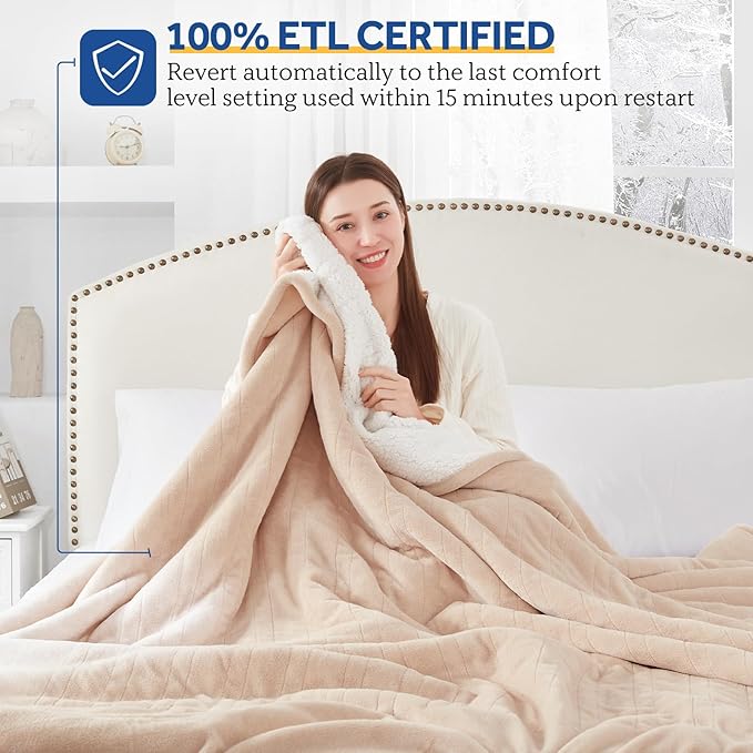 SEALY Electric Blanket Full Size, Heated Blanket Flannel & Sherpa with 10 Heating Levels & 1-12 Hours Auto Shut Off, Fast Heating Warming Blanket, Machine Washable, Beige, 80 x 84 Inch
