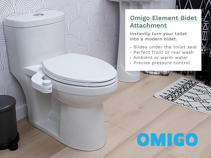 Omigo Element Bidet Attachment Non-Electric Thin Modern Design, Dedicated Rear and Front Self-Cleaning Nozzles with Pressure Control Dial (Ambient Temp, Copper)