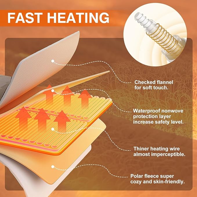 Heated Blanket with 6 Heating Levels 10 Hours Time Setings and Auto-Shut Off, Soft Checked Flannel Fast-Heating Electric Blanket (Khaki, 90"X100")