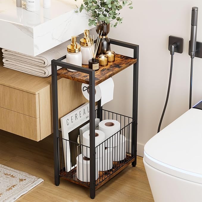 IBUYKE Freestanding Toilet Paper Holder Stand with Storage Shelf,Bathroom Toilet Tissue Roll Dispenser with Extra Space for Rolls, Magazines, Wet Wipes Brown TLJ020H