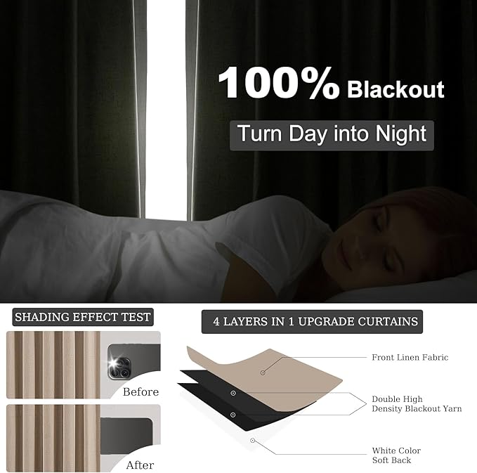 Topfinel Pinch Pleat 100% Blackout Curtains & Drapes 84 Inch Length 2 Panels Set, Flax Linen Taupe Tan Beige Room Darkening Soundproof Curtains with Hooks Rings for Bedroom Living Room Track System