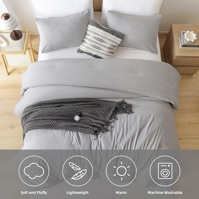 ROSGONIA Oversized Queen Comforter Gray, 3pcs (1 Grey Comforter & 2 Pillowcases) Lightweight Oversized Queen Comforter Sets Bedding Blanket Quilts