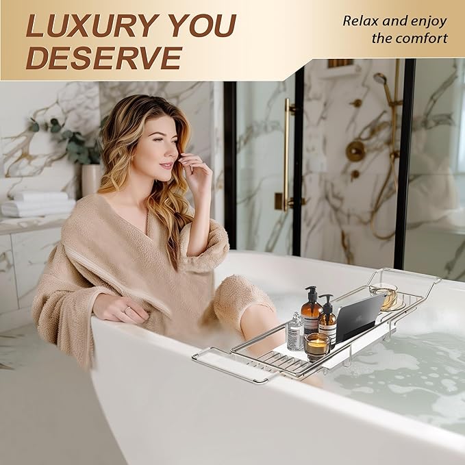BVL Bathtub Tray Stainless Steel with Marble Base Chrome Bathtub Tray with White Marble Base Adjustable & Rustproof Bath Caddy for Spa, Relaxation, Bath Bombs