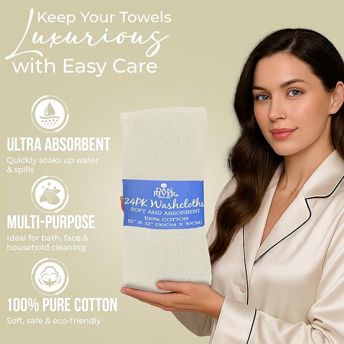 DAN RIVER 100% Cotton Wash Cloths 24 Pack [12x12] Soft & Absorbent face Towels for Bathroom, Gym, Hotels & Spa Perfect for Everyday Use Fingertip Towels, Ivory