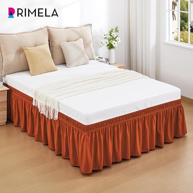 RIMELA Orange Yellow Bed Skirt Queen 15 Inch Drop, Elastic Bed Skirts Queen Size Dust Ruffle, Bedskirt for Adjustable Bed Base, Wrinkle & Fade Resistant Silky Luxurious Fabric Easy to Install