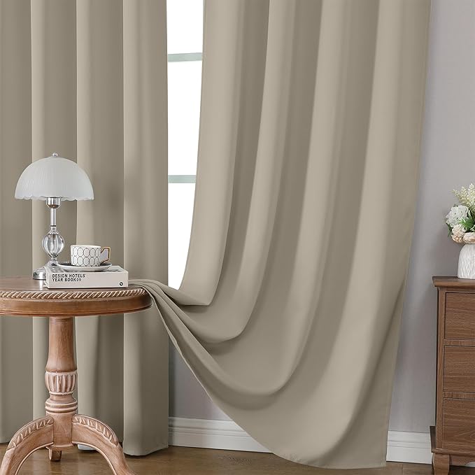 CUCRAF Light Beige Blackout Curtains 63 inch Length 2 Panels Set, Rod Pocket Room Darkening Drapes for Bedroom Living Room, Insulated Thermal Light Blocking Window Curtain (W52 x L63 Inch)