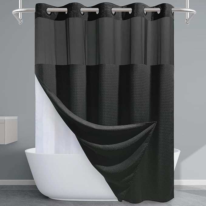 Black Long Shower Curtain with Liner - 230GSM Waffle Textured Heavy Duty Shower Curtains for Bathroom,71W x 86H